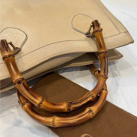 Authentic Gucci Beige Leather Tote Bag with Bamboo Handles - Picture 7 of 14